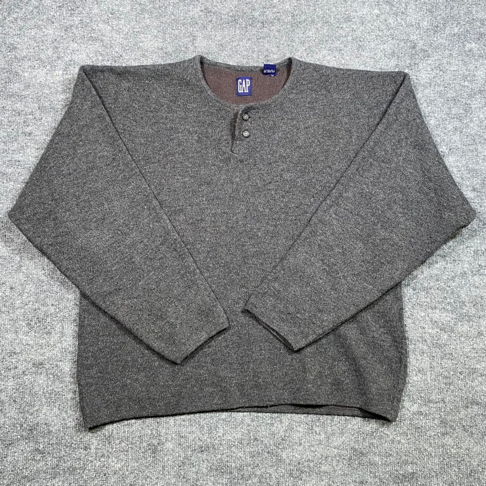 Gap Blue‎ Label Mens Large Lambswool Cotton Henley Sweater Grey Knit L